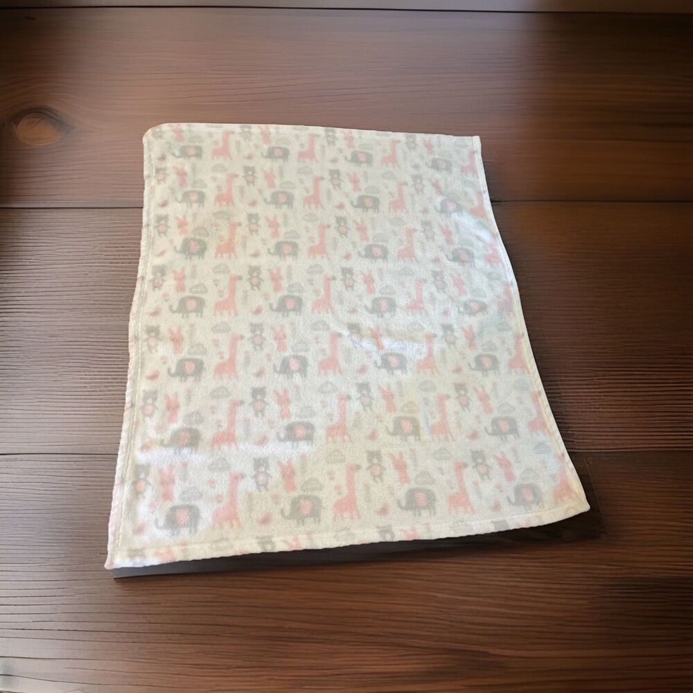 Forever Baby Plush Baby Blanket  28” X 34” Pink & Gray Animals Soft Fleece